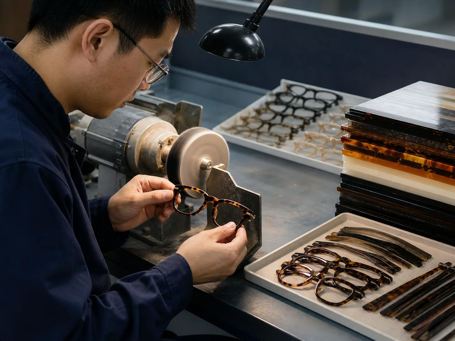 Technician polishing an acetate eyeglass frame in production