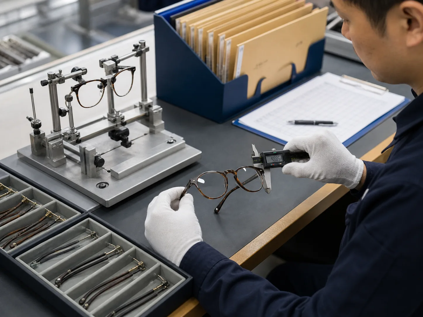 Eyeglass frame quality inspector measuring dimensions and checking alignment