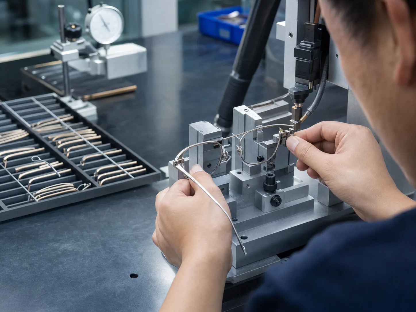 Technician aligning a metal eyeglass frame in a manufacturing jig