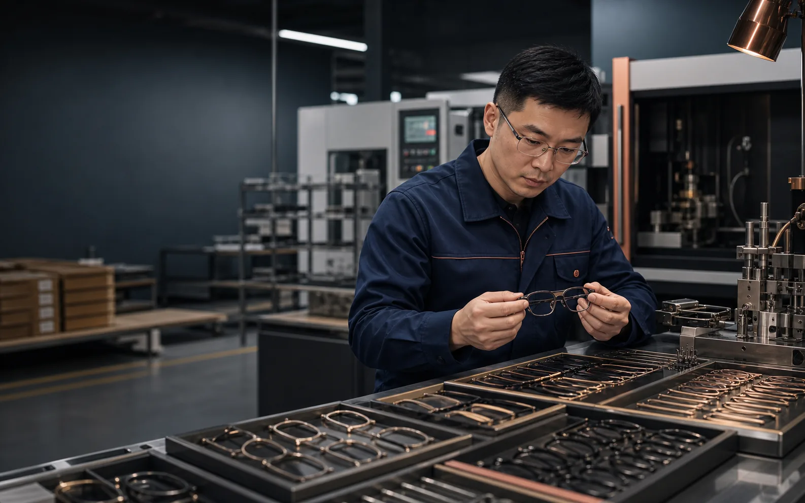 Eyeglass frame engineer inspecting OEM frames in a Chinese factory
