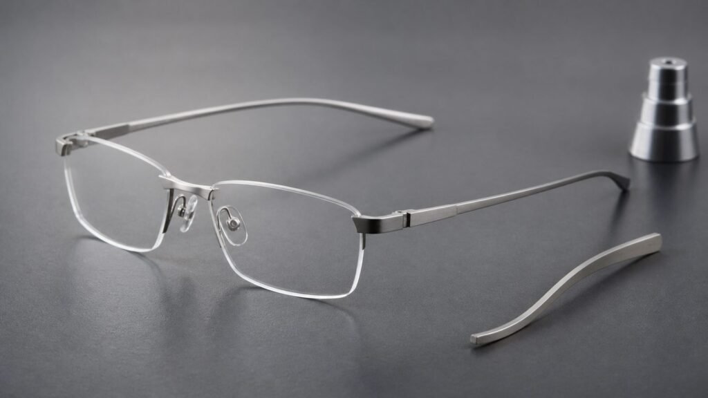Slim beta titanium eyeglass frame with flexible temples on a precision workbench