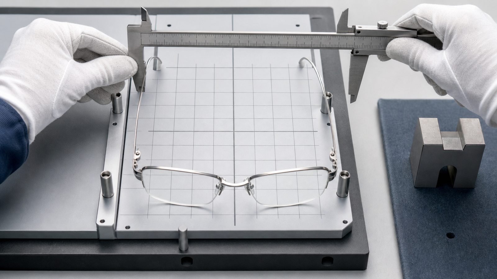 Inspector measuring beta titanium temple recovery on an eyewear alignment fixture