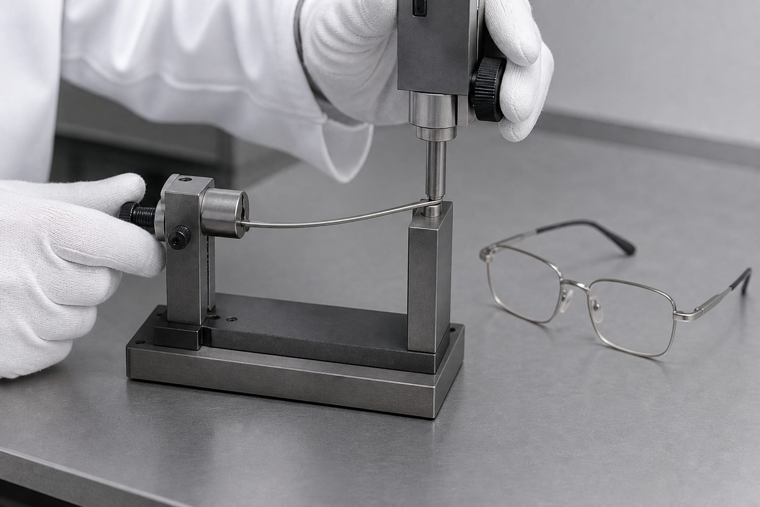 Technician running a controlled bend test on a beta titanium eyeglass temple