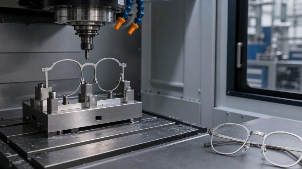 CNC machining a titanium eyeglass frame front in a precision fixture