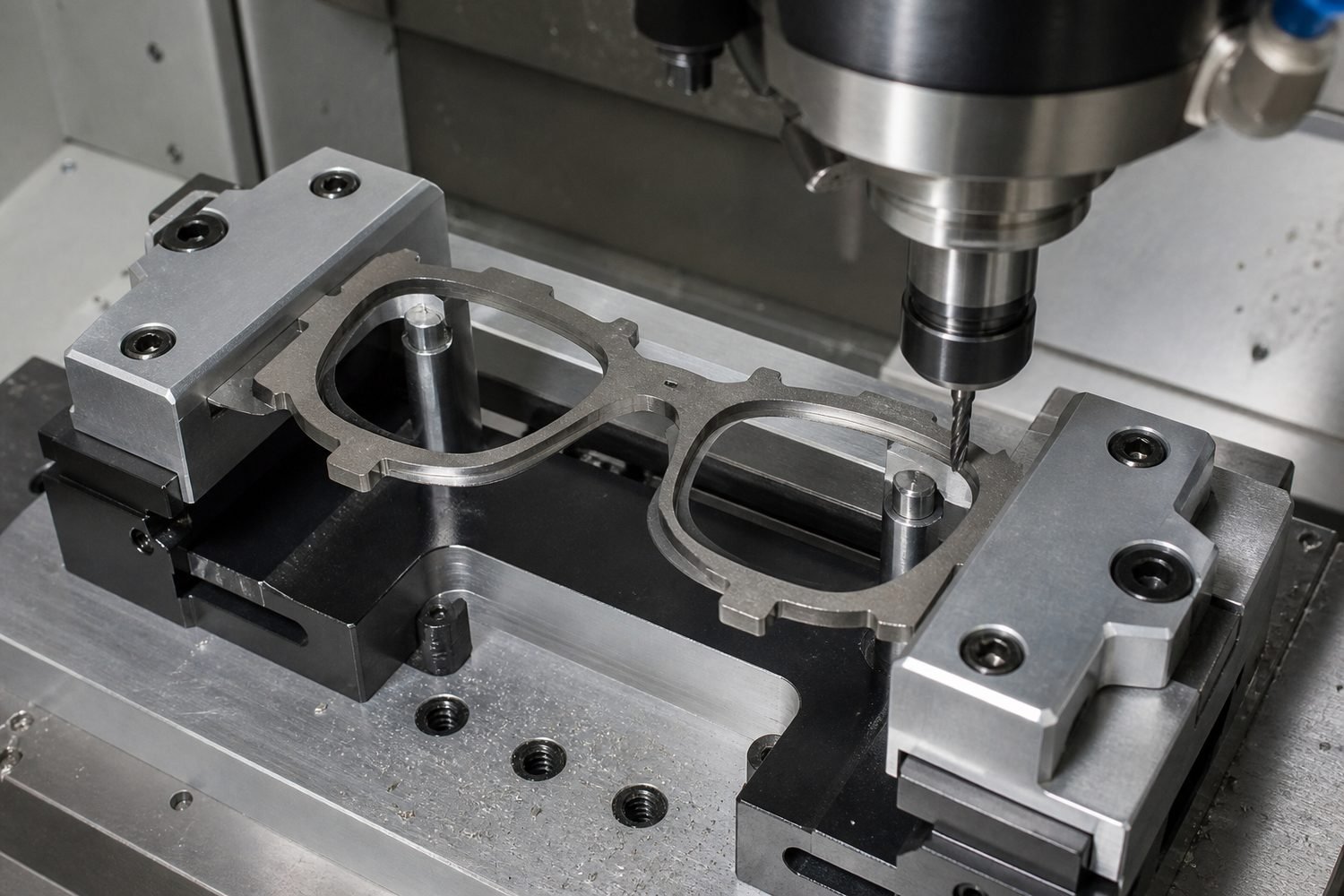 Thin titanium eyeglass front secured in a custom CNC machining fixture