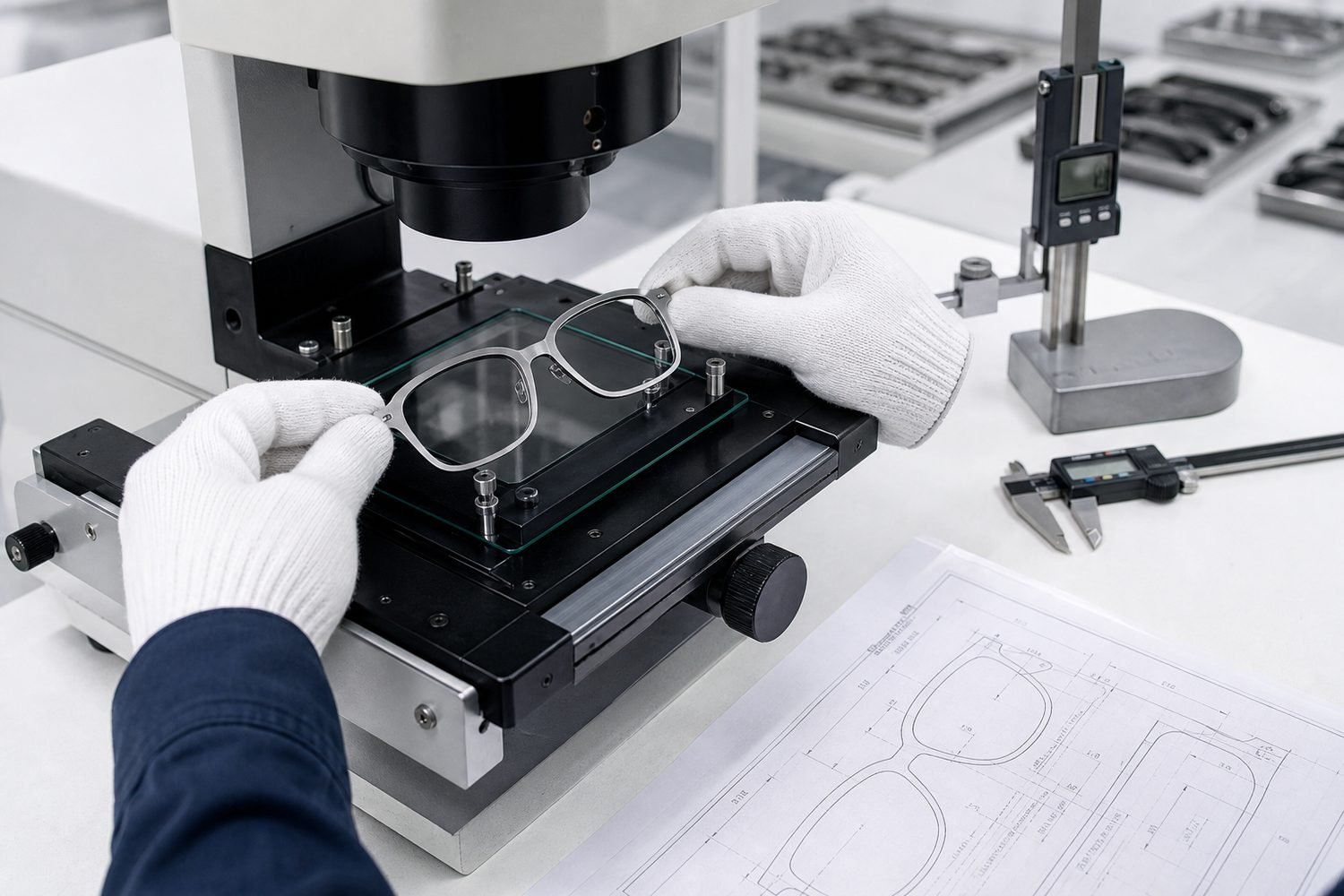 Inspector measuring a CNC machined titanium eyeglass front on an optical system