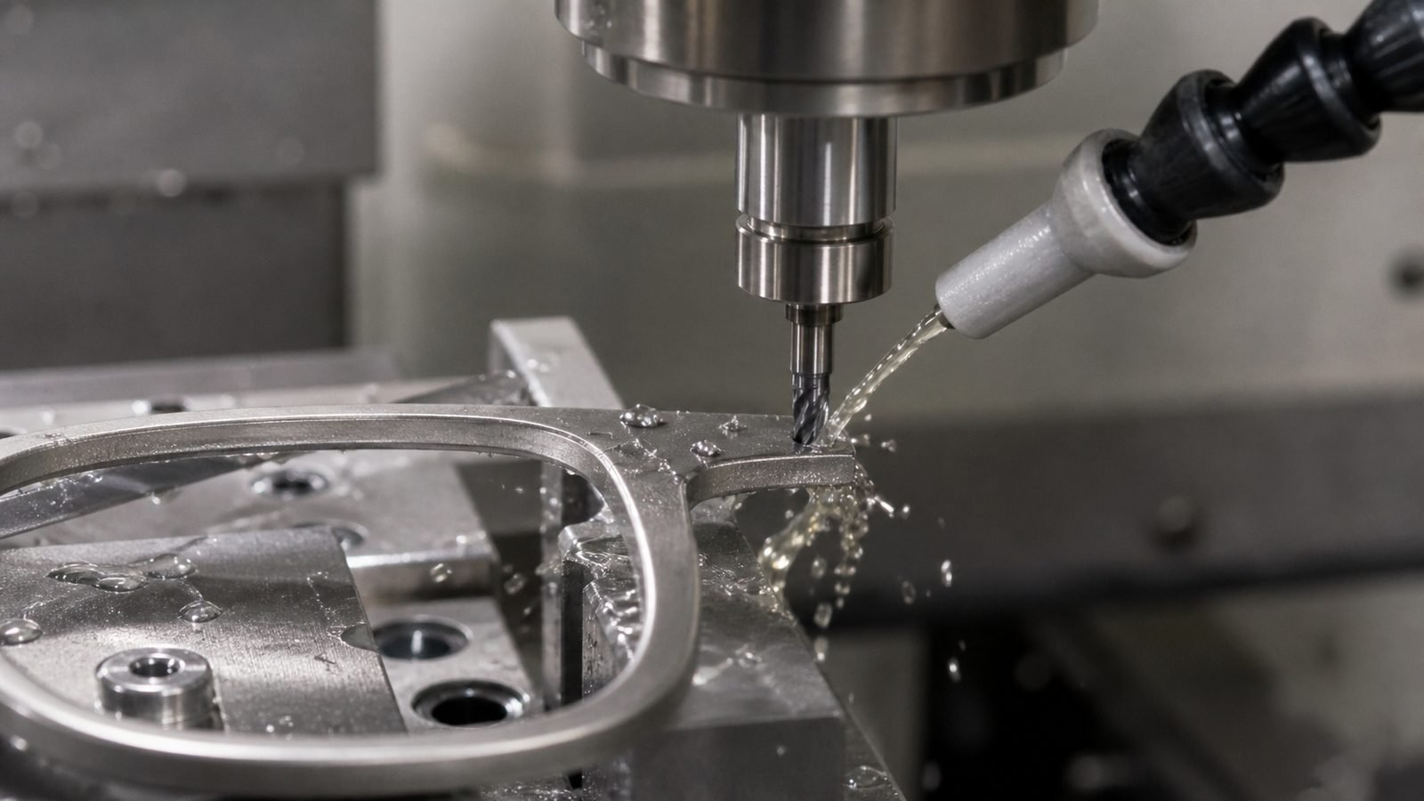 CNC cutter producing controlled titanium chips under directed coolant