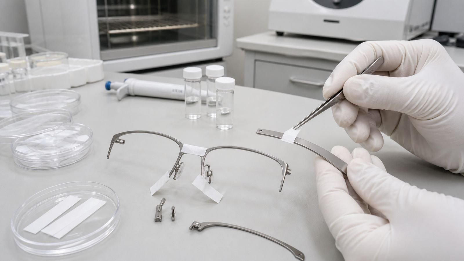 Laboratory technician applying artificial-sweat test paper to eyeglass frame parts