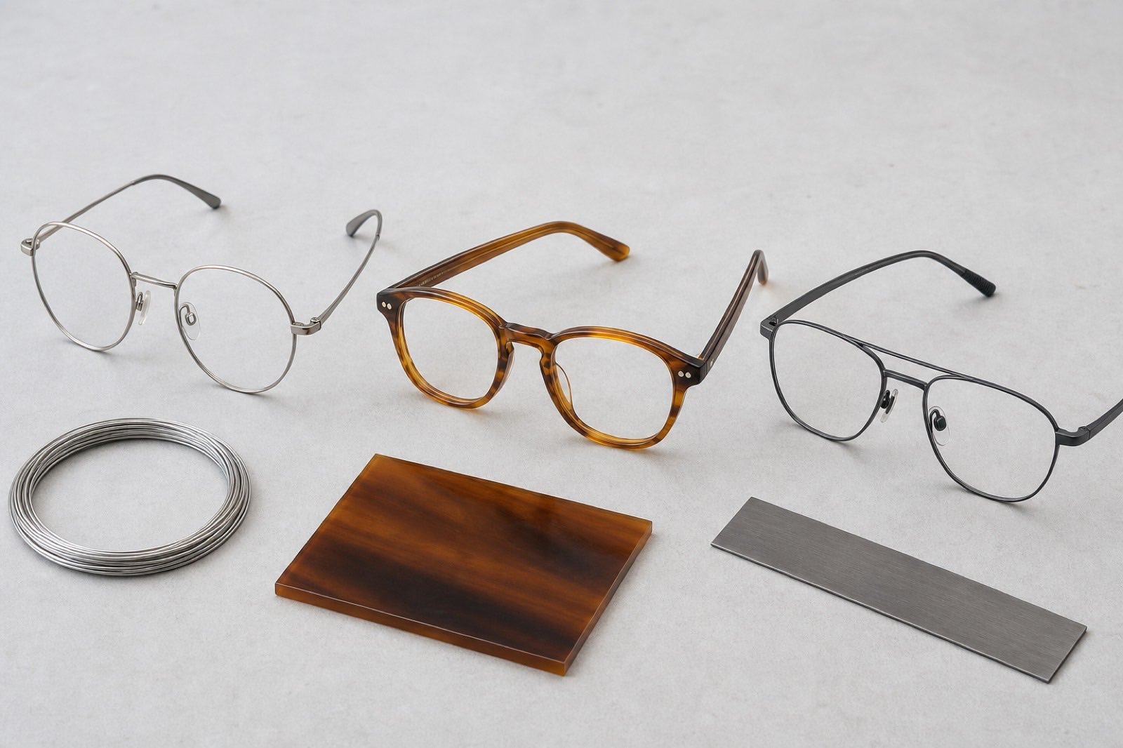 Close view of generic eyeglass frame materials including titanium, acetate, and stainless steel