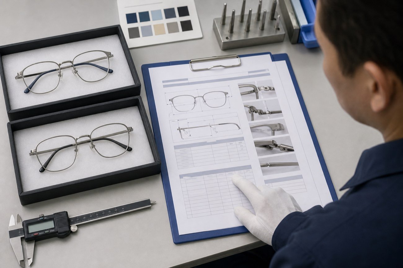 Final eyeglass frame inspection report with titanium production samples
