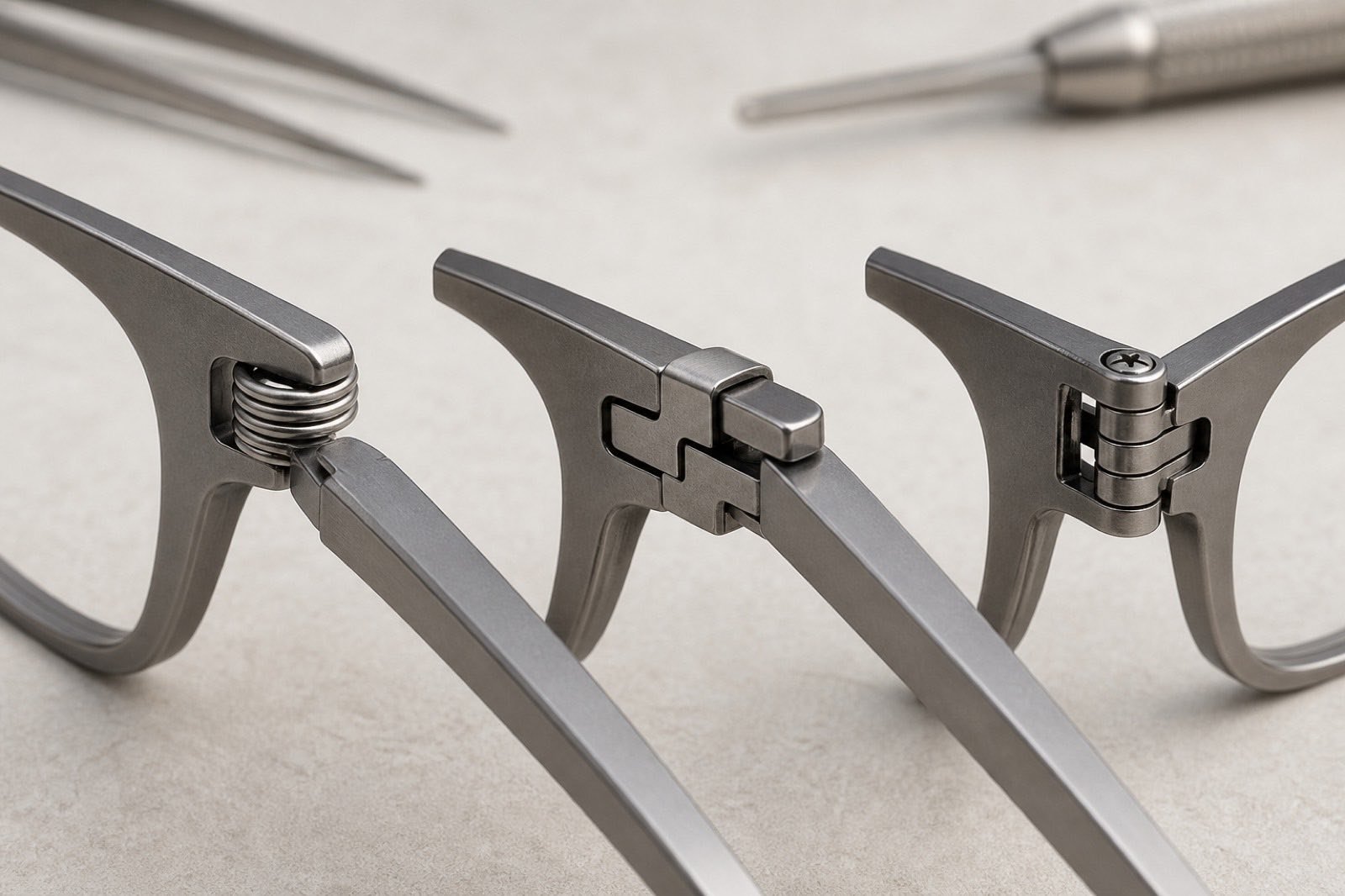 Macro comparison of three generic eyeglass hinge constructions on a neutral workbench