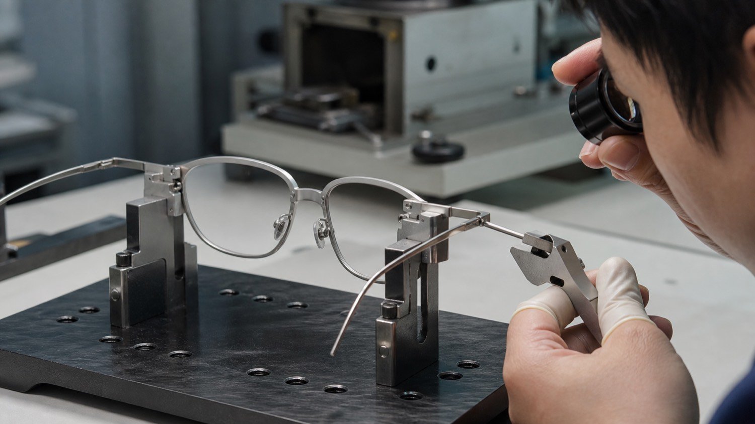 In-process quality check of titanium eyeglass frame geometry and hinge joint