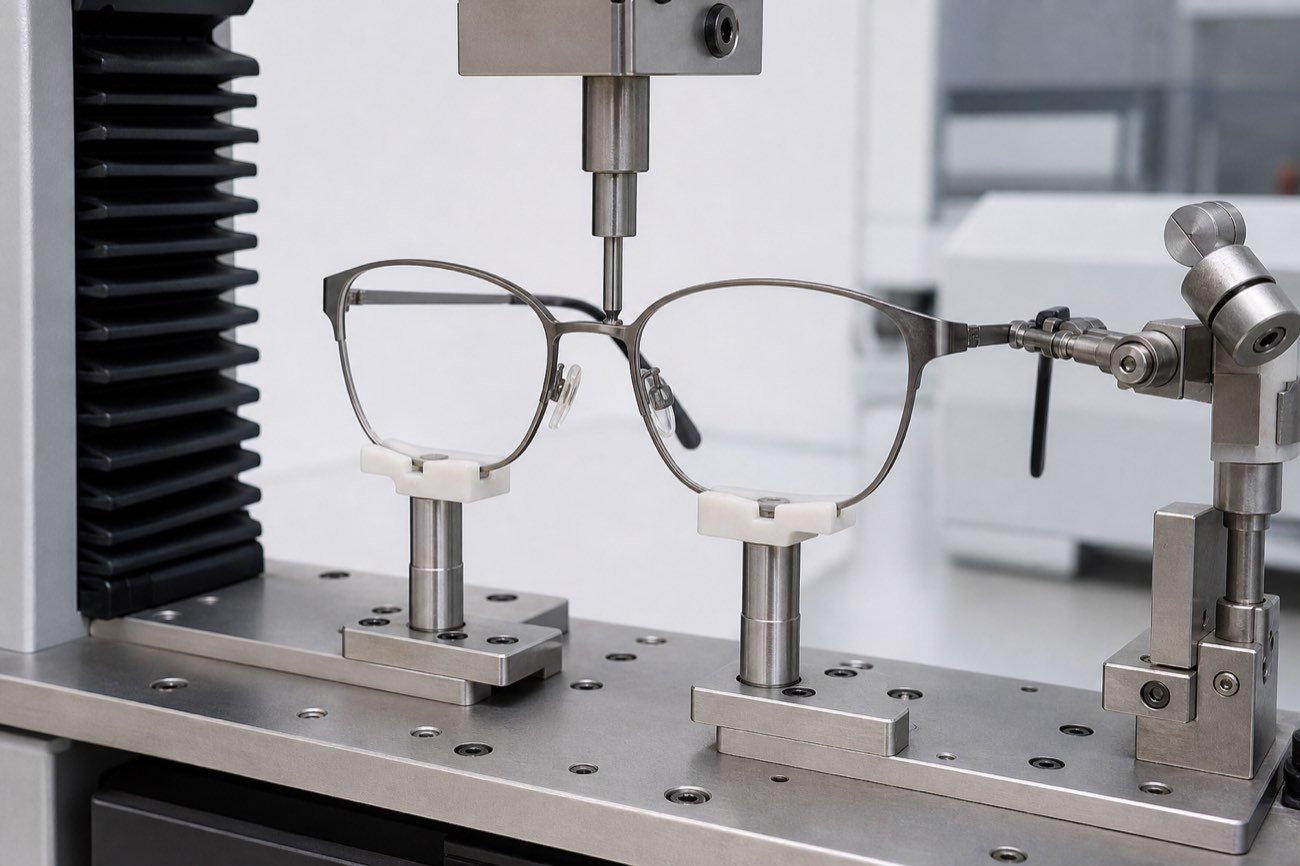 Titanium eyeglass frame in a mechanical bridge deformation and endurance test fixture