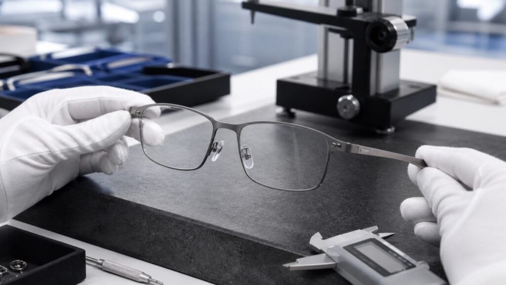 Eyeglass frame quality control inspection of a titanium optical frame