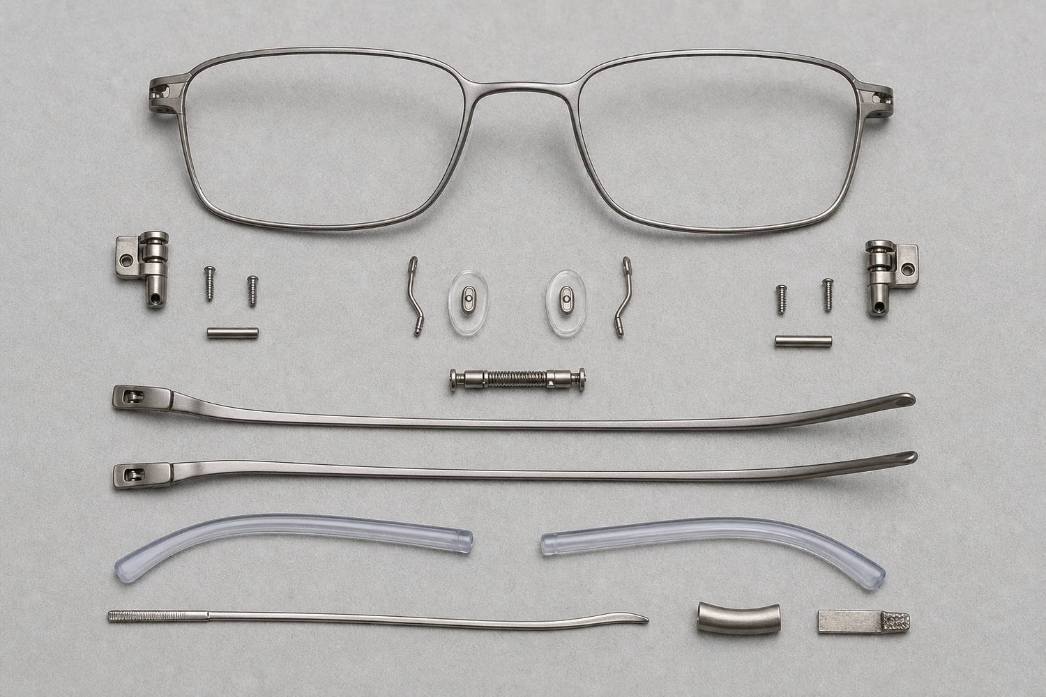 Disassembled metal eyeglass frame components for nickel assessment