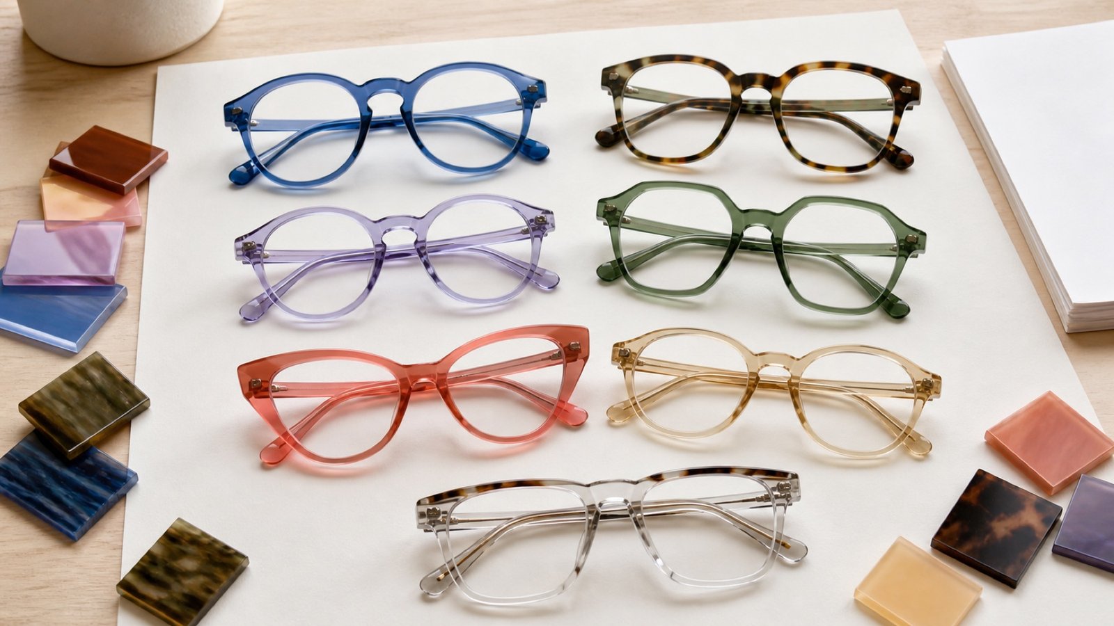 Generic colorful acetate eyeglass frames showing varied independent design shapes and layered colors