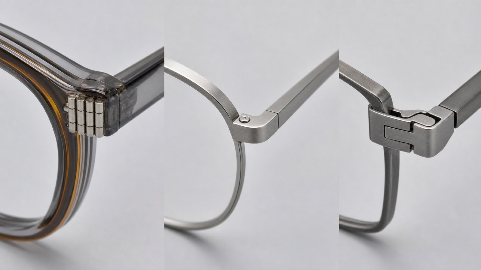 Close view of generic independent eyeglass frame construction with acetate rims, metal bridges, and custom hinges