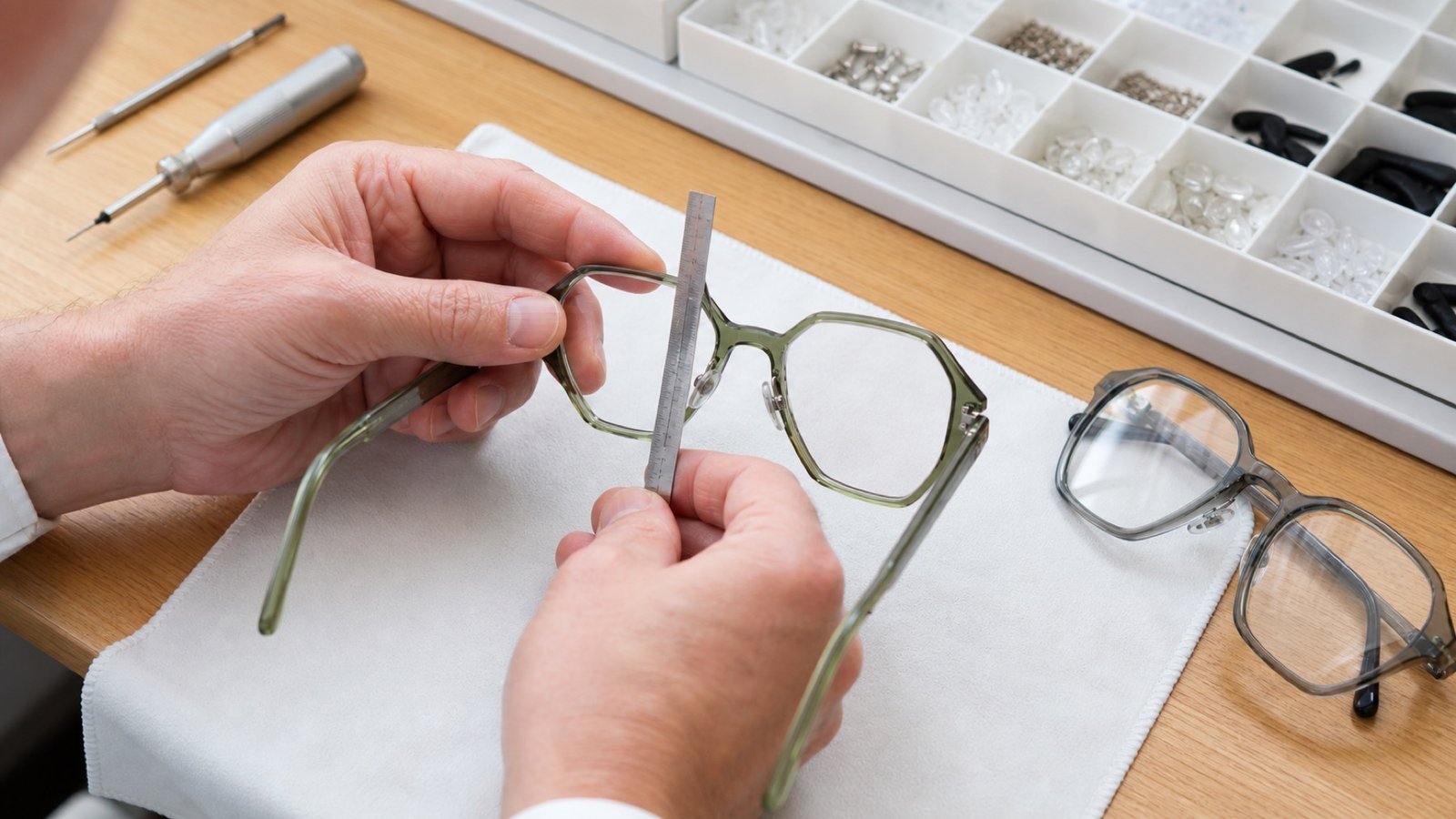 An independent optician checking the fit and replacement parts of a generic distinctive eyeglass frame