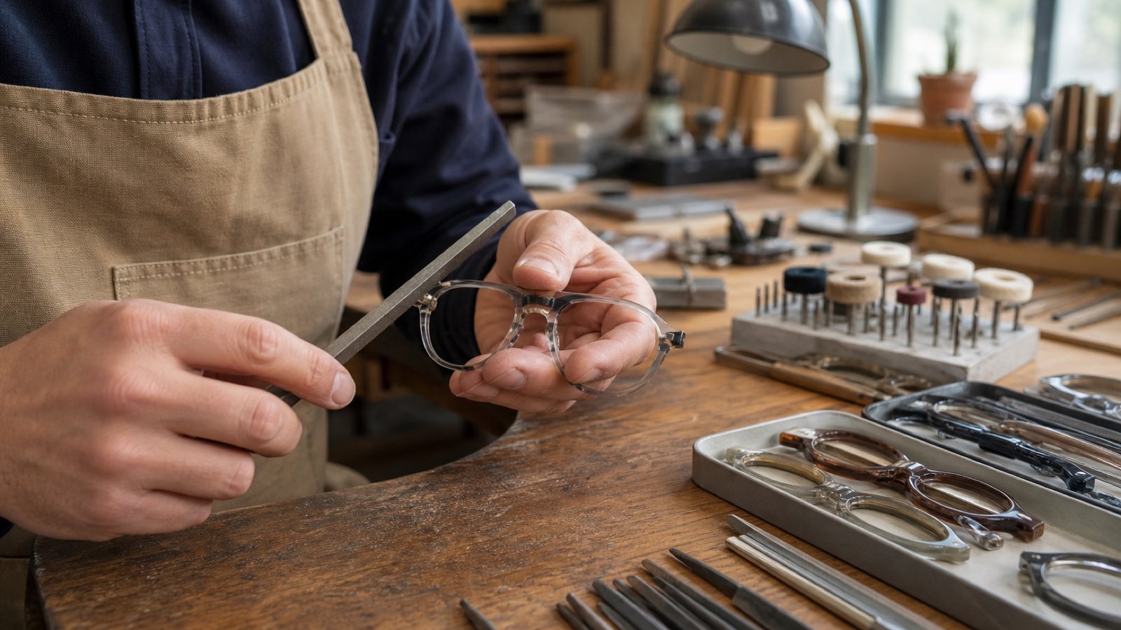 An artisan hand-finishing a generic small-batch eyeglass frame at an independent eyewear workbench