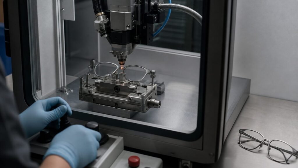 Technician laser welding a titanium eyeglass frame in an enclosed precision workcell