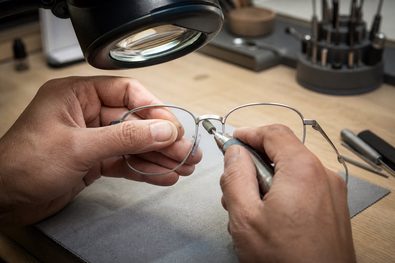 An eyewear artisan hand-finishing a completely generic metal optical frame under a bench loupe