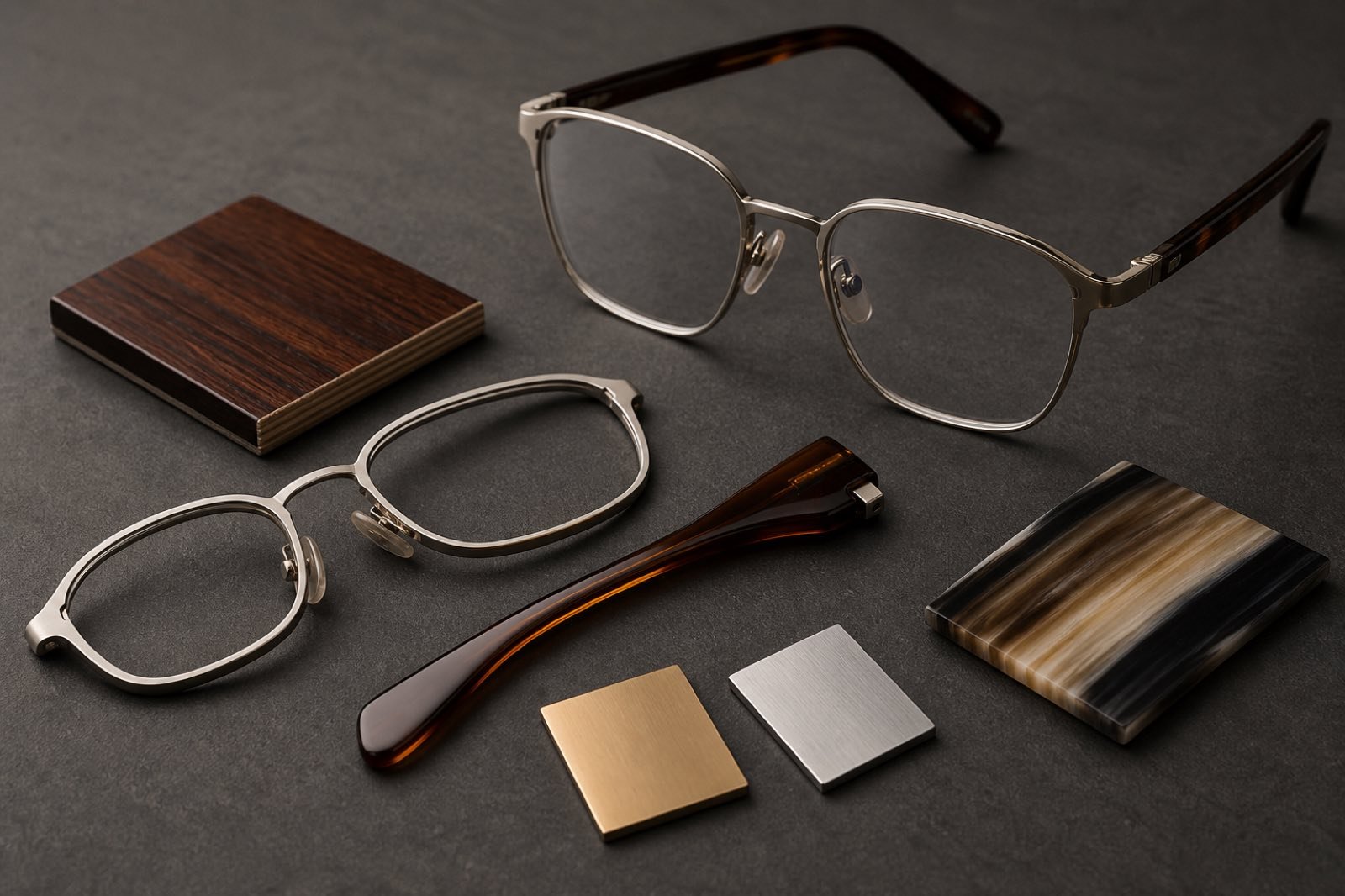 Generic luxury eyeglass frame materials including titanium, acetate, wood, and precious metal finishes