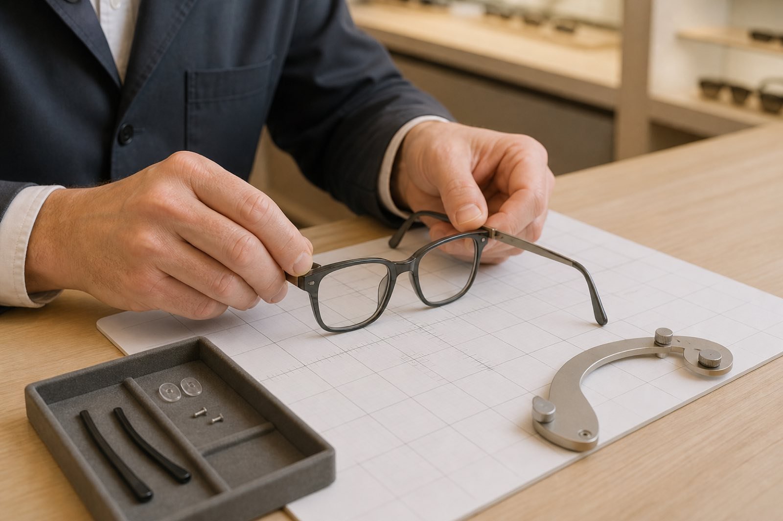 An optician checking symmetry, hinge movement, and service parts on a generic luxury eyeglass frame