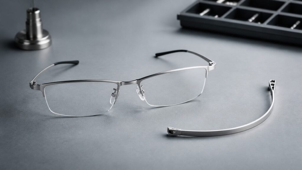 Flexible memory titanium eyeglass frame displayed on a clean materials workbench