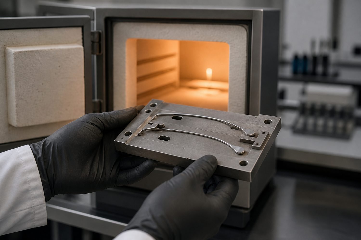 Technician heat-setting a memory titanium eyeglass temple in a precision fixture
