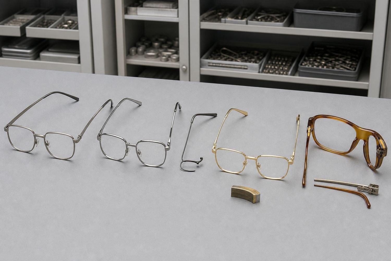 Titanium, steel, memory-alloy, coated, and acetate eyewear material samples