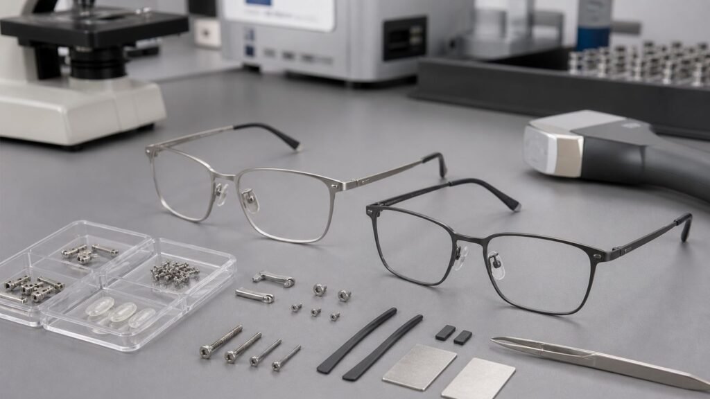 Nickel-free titanium eyewear and components arranged for laboratory testing