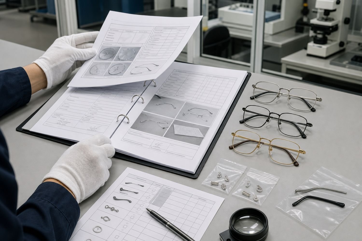Quality engineer reviewing a nickel-release report with tested eyeglass frames