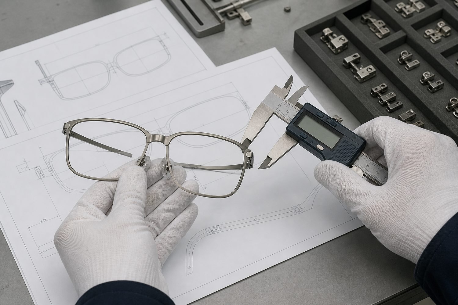 Eyewear engineer comparing a titanium frame prototype with a technical drawing and digital caliper