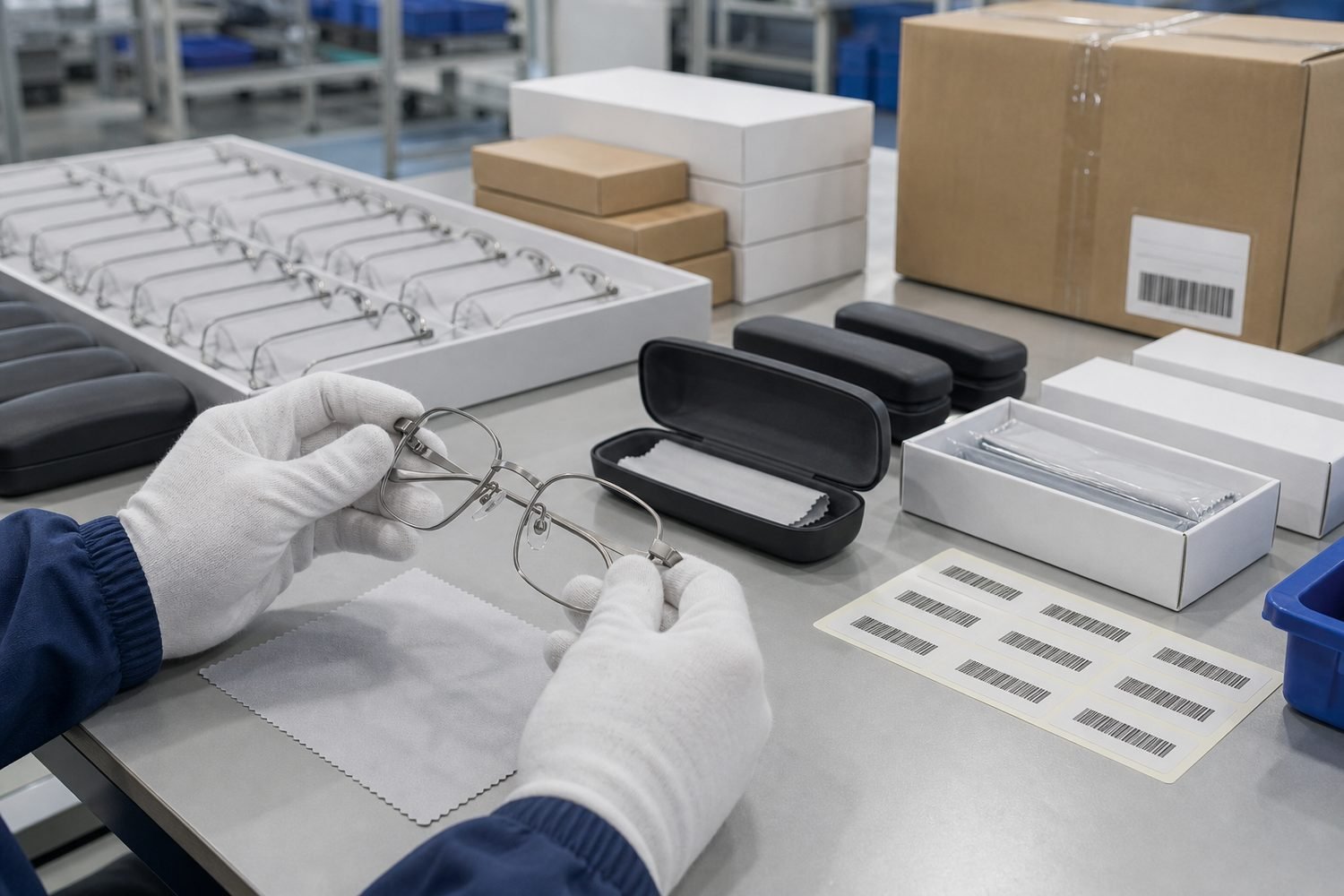 Finished OEM titanium eyeglass frames undergoing final inspection beside cases, packaging, and export cartons