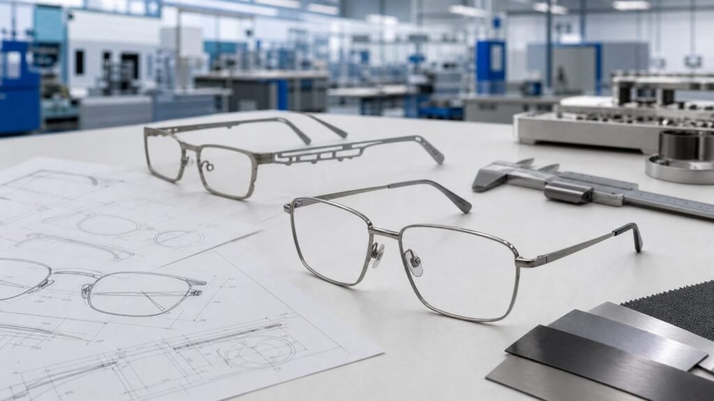 OEM eyewear development desk with technical drawings, titanium frame prototypes, and inspection tools