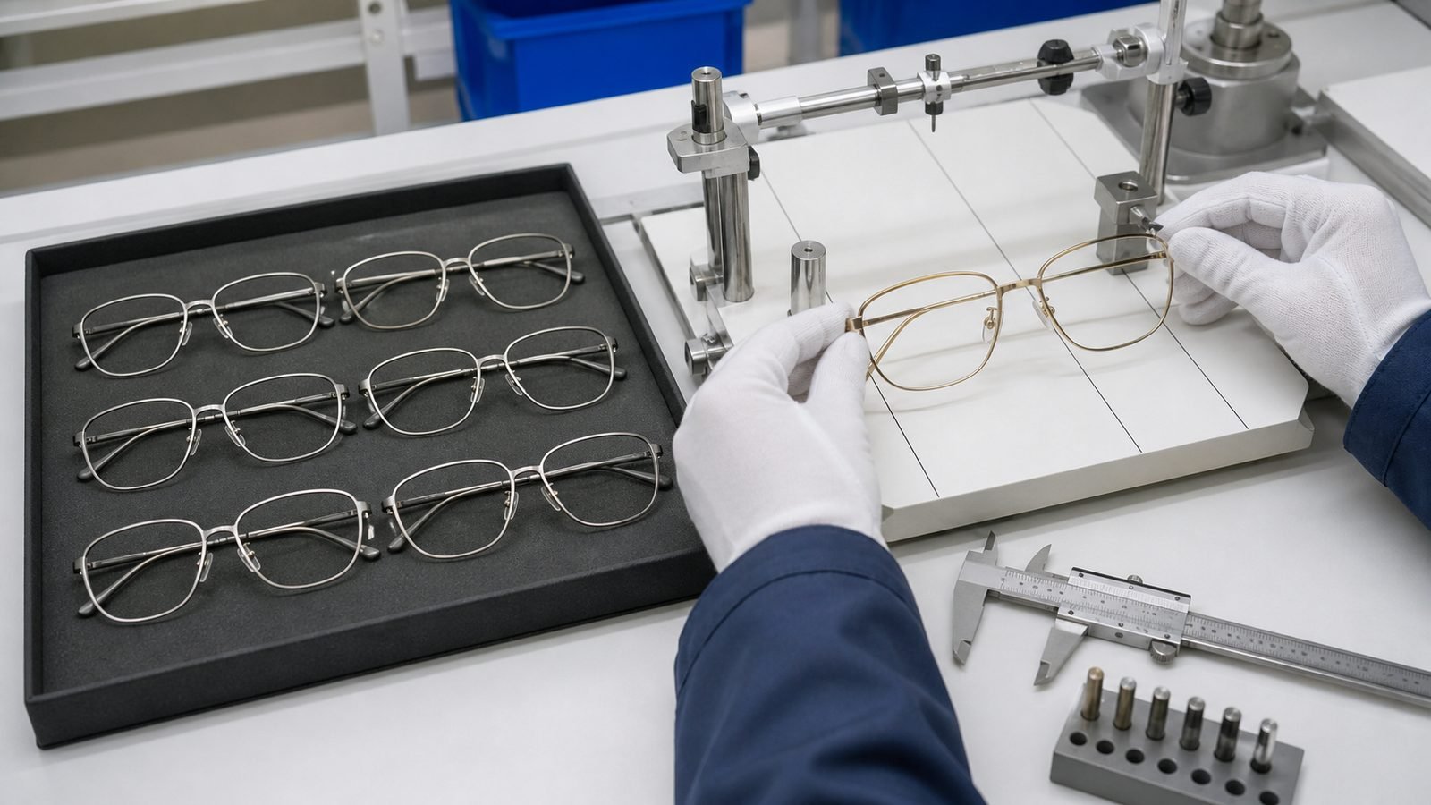 Inspector comparing pilot-run titanium eyeglass frames with an approved golden sample and gauges