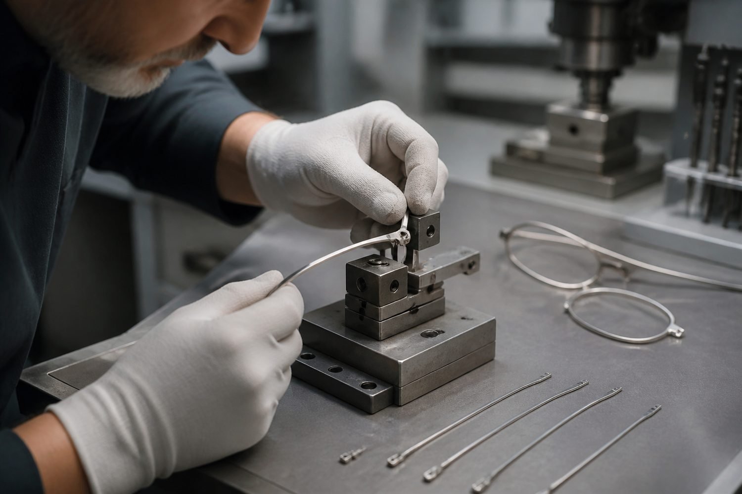 Technician forming a pure titanium eyeglass temple component in a precision fixture