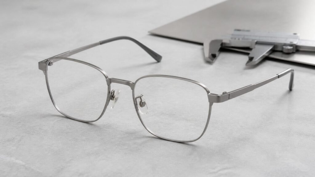 Brushed pure titanium eyeglass frame with a titanium sheet and precision caliper