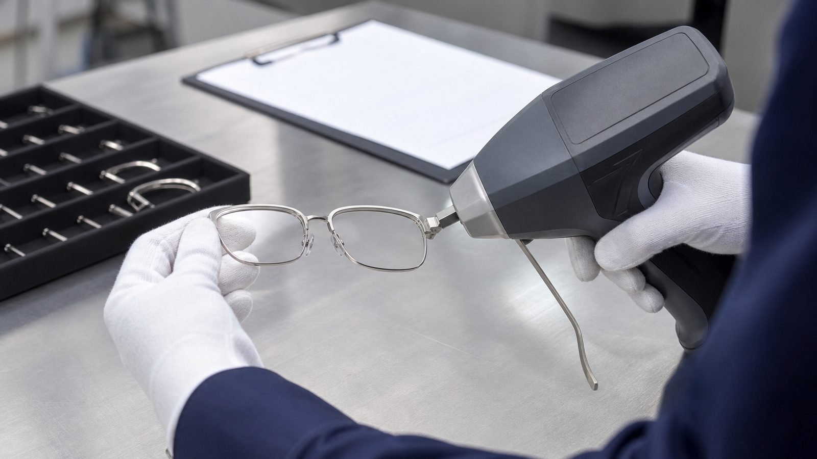 Quality technician checking a titanium eyeglass frame with a handheld XRF analyzer