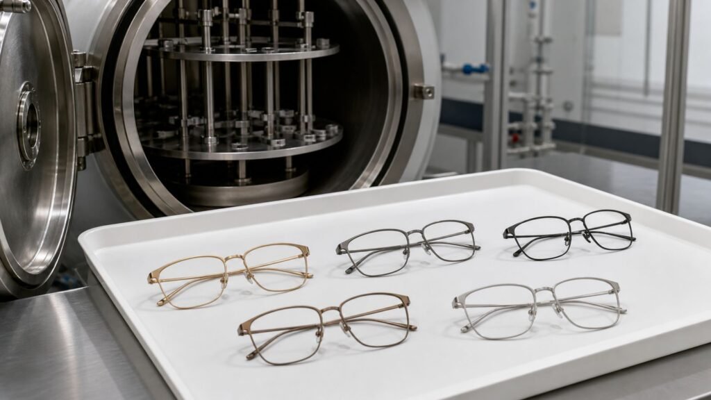 PVD-coated titanium eyeglass frames beside a vacuum coating chamber