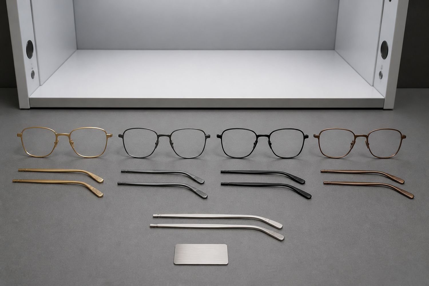 Gold, graphite, black, and bronze PVD titanium eyewear color samples