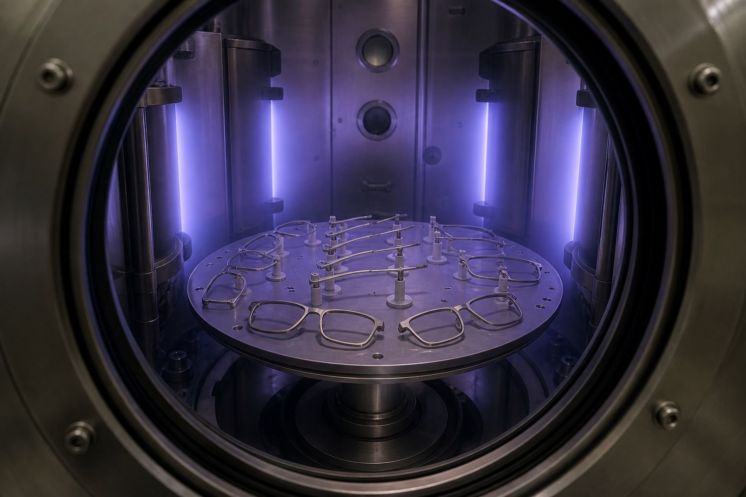 Titanium eyewear components inside an active PVD vacuum chamber