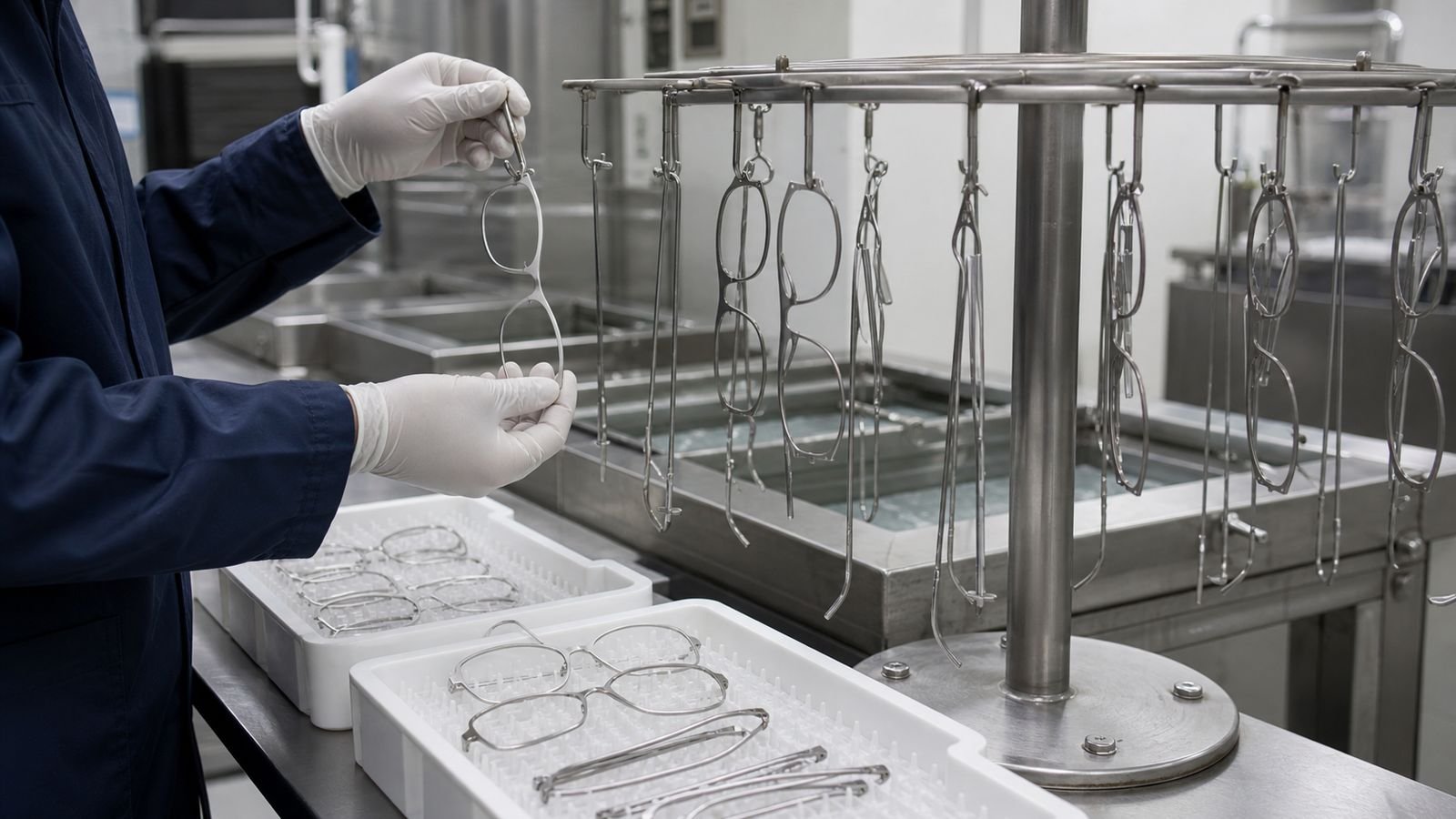 Technician racking cleaned titanium eyeglass frames before PVD coating