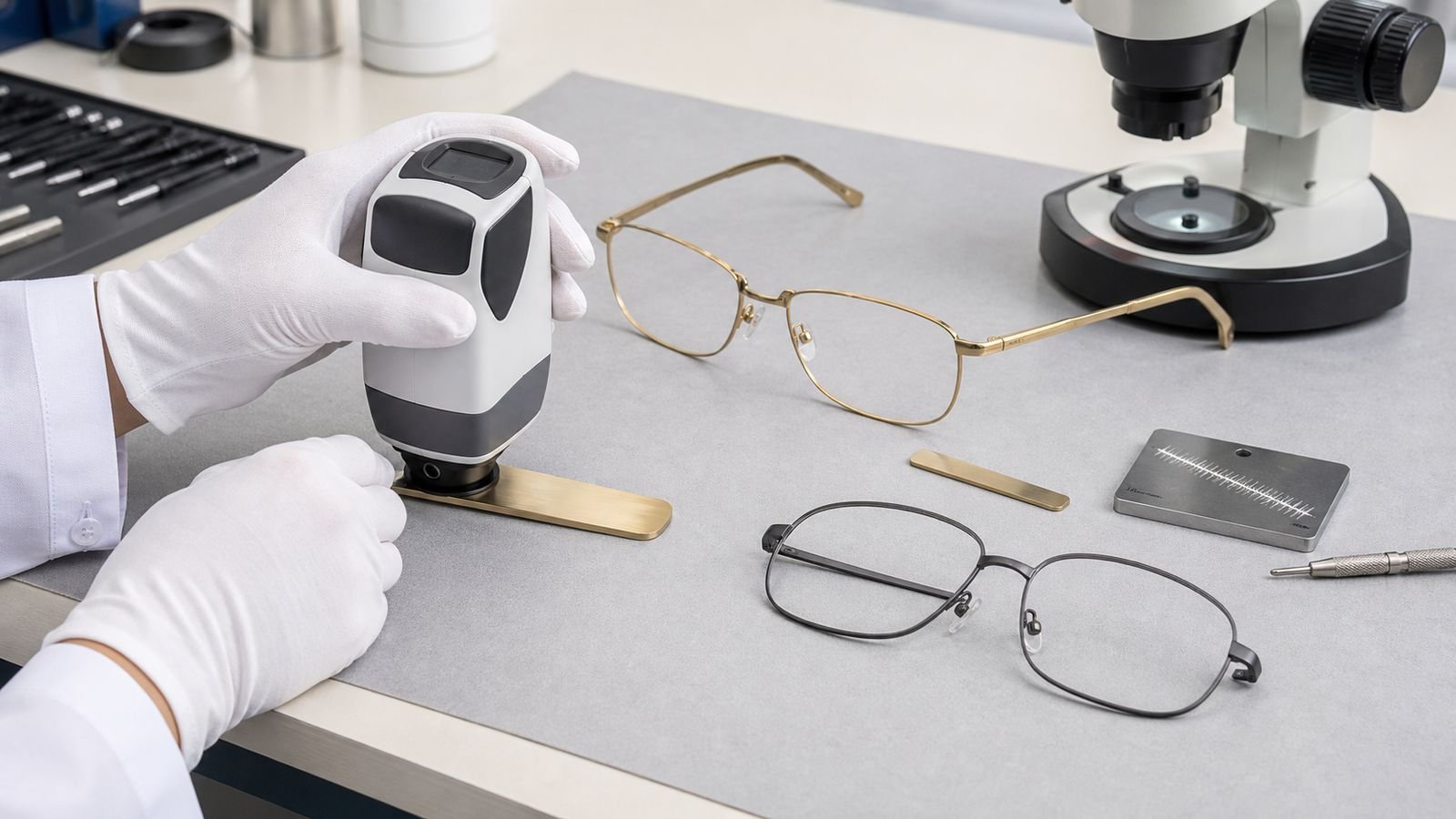 Inspector measuring PVD coating color on a titanium eyewear sample