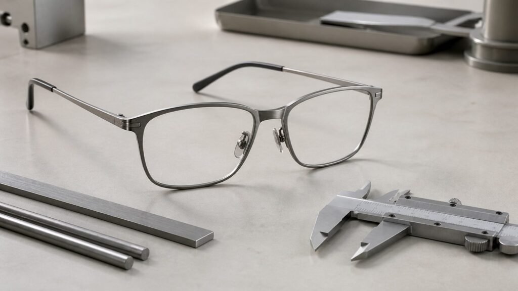 Titanium alloy eyeglass frame with raw strip and rod samples beside a precision caliper