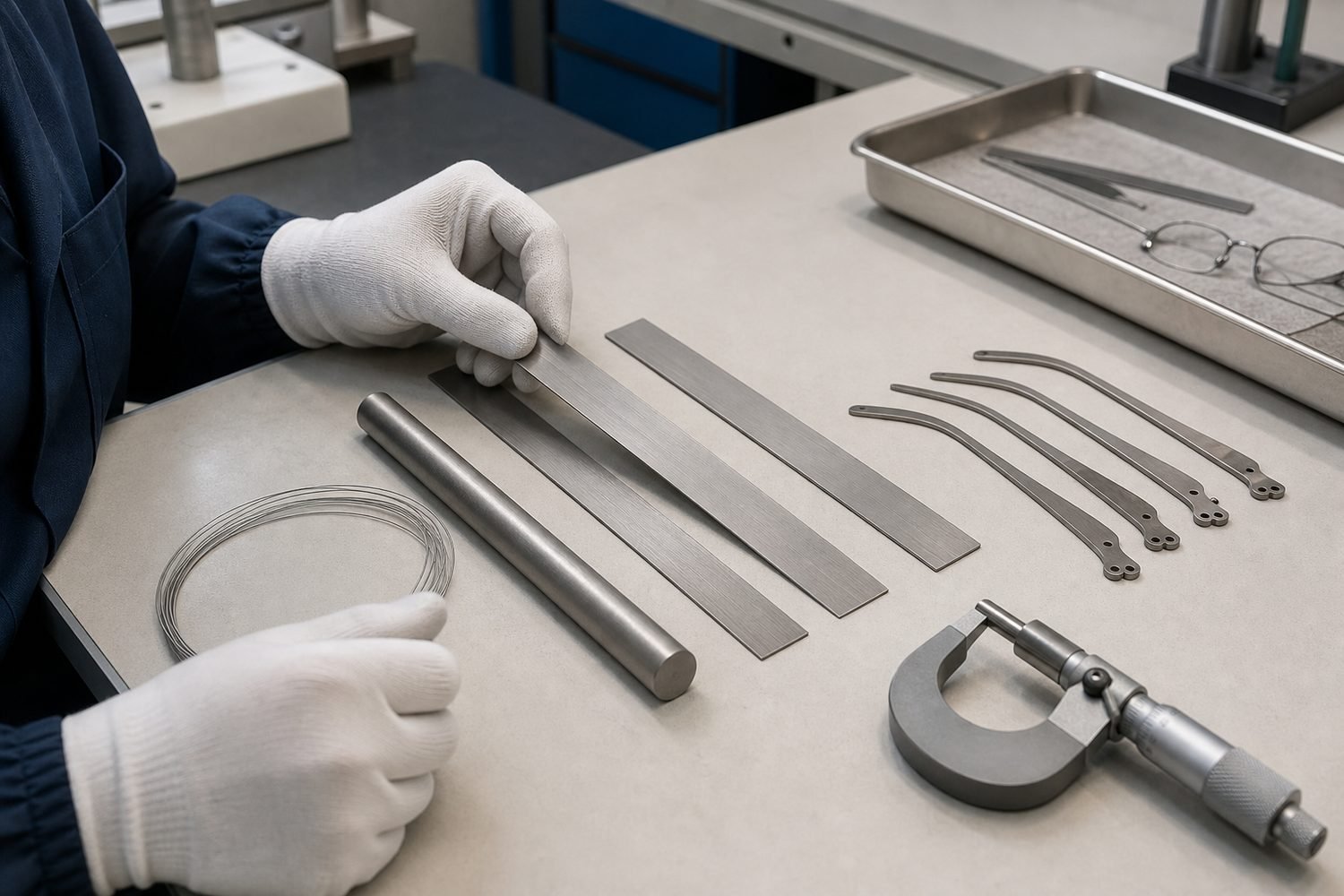 Technician comparing titanium alloy strip, wire, rod, and unfinished eyeglass temple blanks