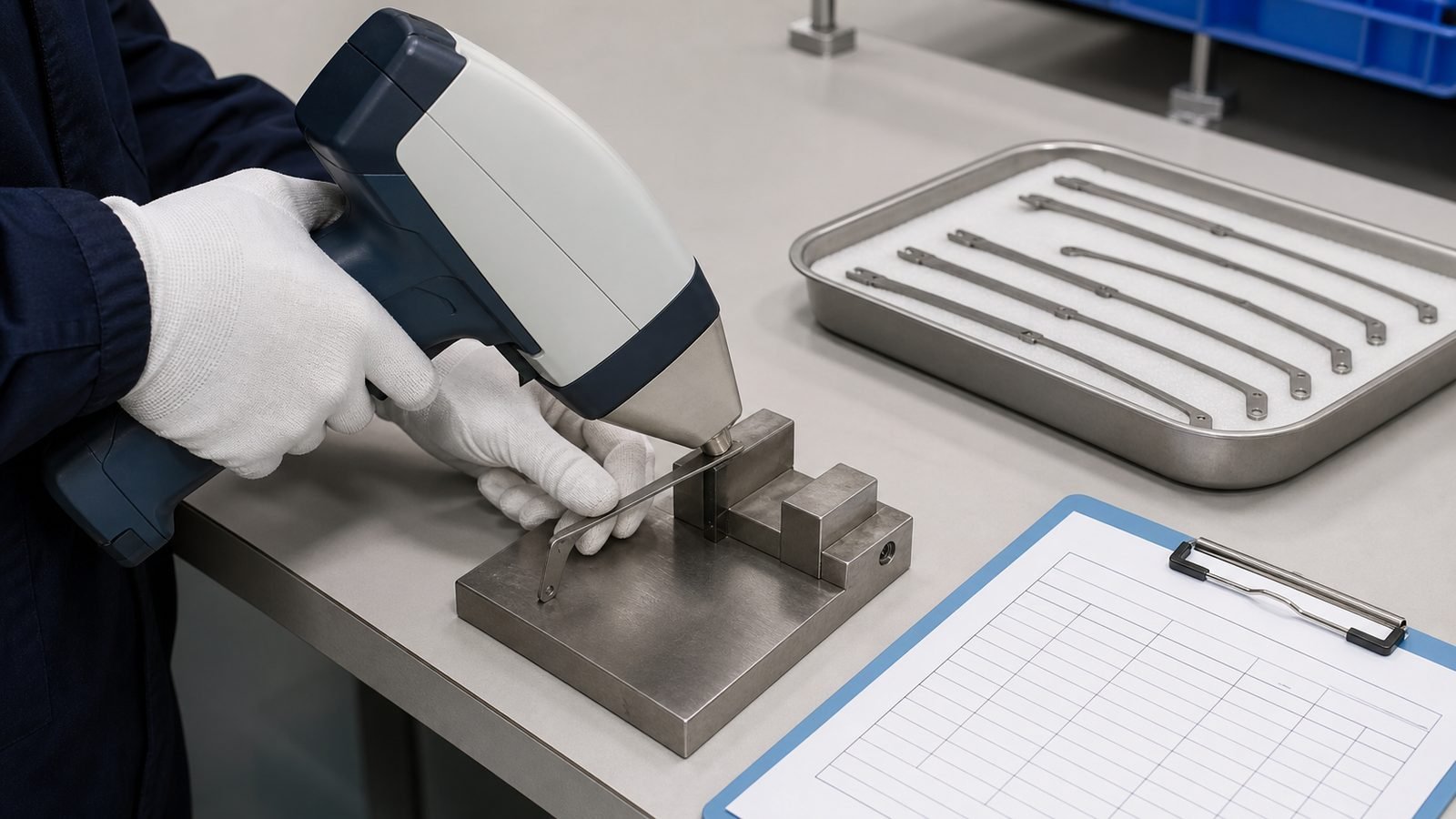 Inspector using handheld XRF equipment to screen an unfinished titanium alloy eyeglass temple