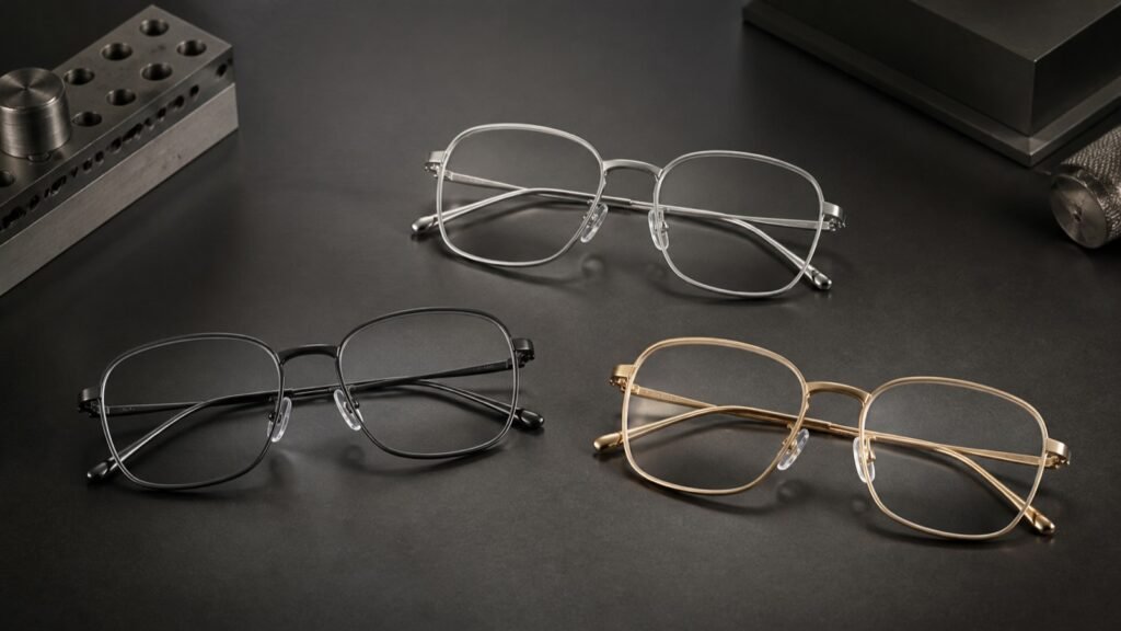 Three titanium eyeglass frames in brushed silver, graphite, and warm gold finishes