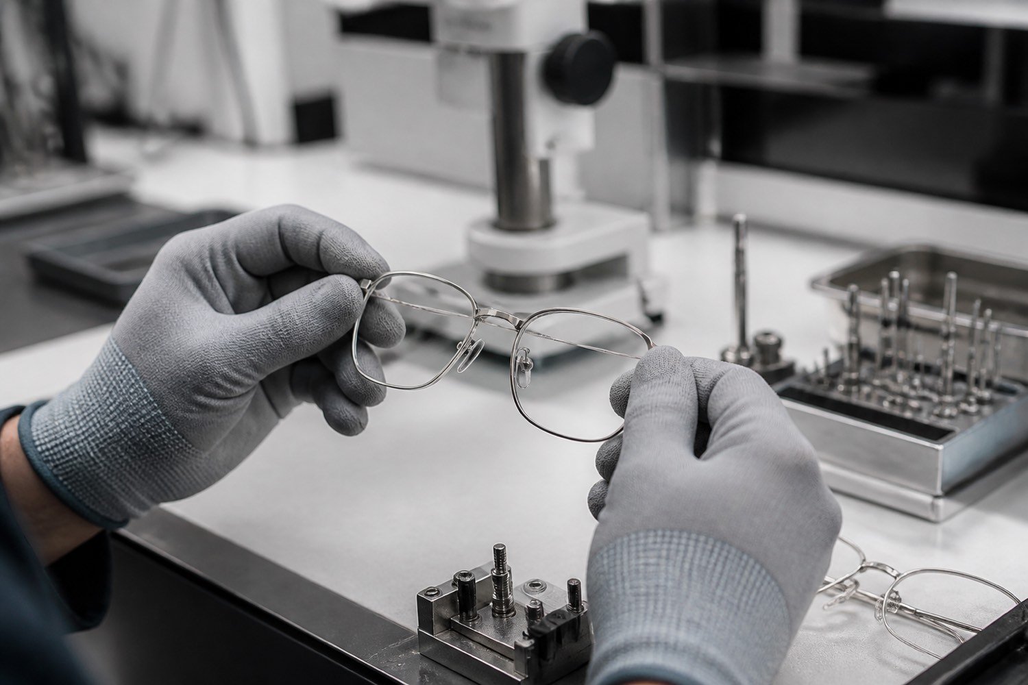 Technician inspecting a thin titanium eyeglass frame during manufacturing