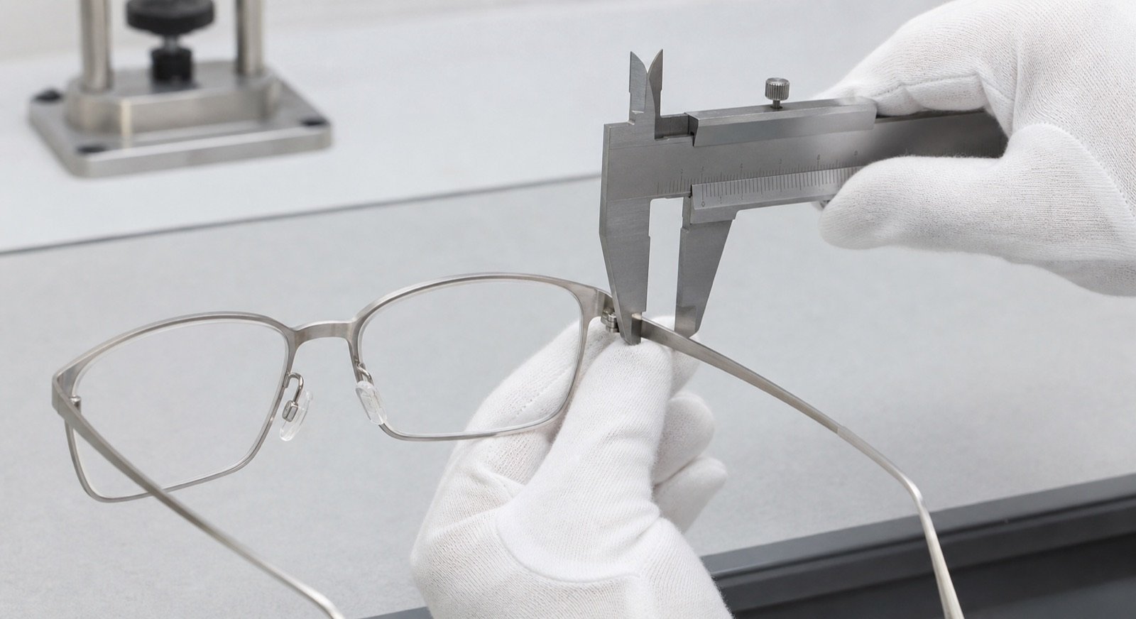 Quality inspector measuring a titanium eyeglass frame hinge with a precision caliper
